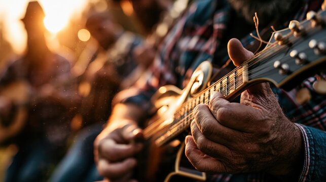 A close-up of calloused hands expertly plucking a mandolin strings, fingers deftly maneuvering over frets, with a softly blurred outdoor bluegrass ensemble in the background. The early evening sun ca