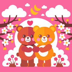 Obraz premium Cute Teddy Bears Hugging Under Cherry Blossoms at Pink Sunset - AI-generated illustration
