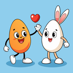 Fototapeta premium Cute Egg and Bunny High-Fiving with Hearts Cartoon Duo - AI-generated illustration