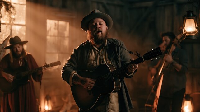 A dimly lit rustic barn stage where a full band performs with acoustic instruments, warm lantern light casting rich, amber hues on weathered wooden walls; the lead singer with a gravelly mid-range ba