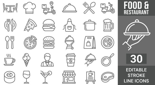 Food and restaurant line icons set. Vector cafe kitchen cooking equipment, fast food delivery scooter pizza burger barbecue menu, waiter service chef hat dining table, outline, editable stroke.