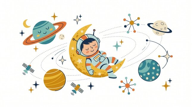 A cartoon astronaut sleeps on a moon, surrounded by planets, satellites, and stars in space