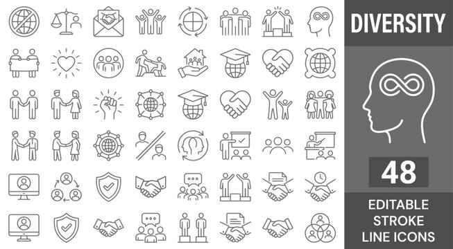 Diversity and community line icons set. Vector global equity inclusion team, human rights tolerance handshake protection, corporate equality gender multiethnic society support, outline, editable strok