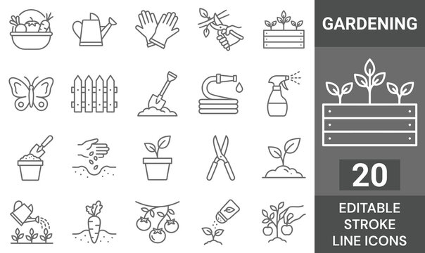 Gardening and agriculture line icons set. Vector backyard farming tool equipment, plant sprout seed fertilizer watering can shovel pruner, harvest vegetable fence, outline, editable stroke.