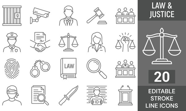 Law and justice line icons set. Vector legal court crime investigation system, judge gavel scale handcuff prison police officer, witness jury trial document evidence, outline, editable stroke.