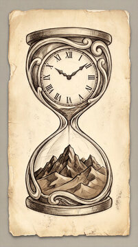 Antique timekeeper featuring a mountain range inside the glass, this memento mori piece functions as a sandglass or chronometer. The weathered parchment background adds history to this time vessel.
