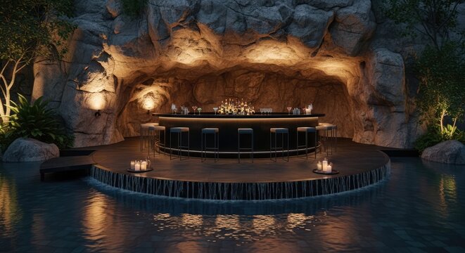 Luxury circular bar inside a rocky grotto over water.