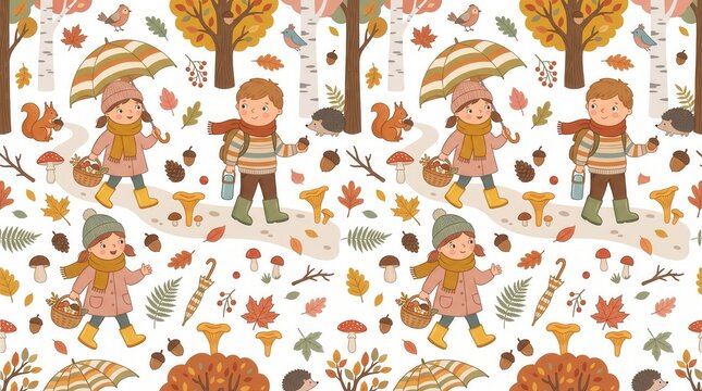Kids enjoying a fall day, exploring woods with umbrellas, squirrels, and hedgehogs