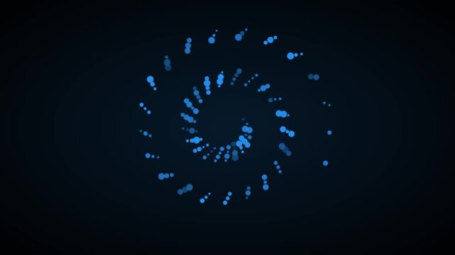 Blue glowing particle spiral motion background, abstract digital swirl animation for technology and data visualization projects 4k