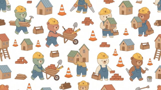 Busy bears wear hard hats and overalls, building houses, moving bricks, wood, and using tools