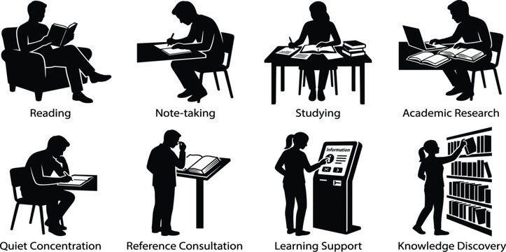 Library Study and Learning Silhouette Collection Featuring Reading Research Writing and Educational Activities on White Background