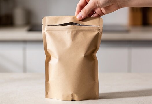 Hand sealing kraft paper pouch on kitchen counter