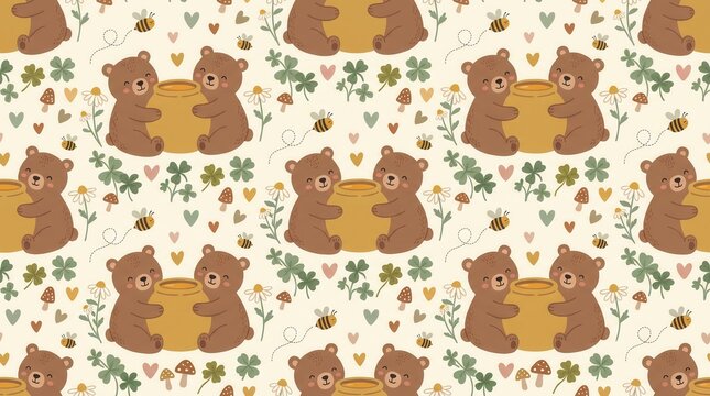 Cheerful bears hug a honey pot surrounded by busy bees, green clovers, and lovely wildflowers