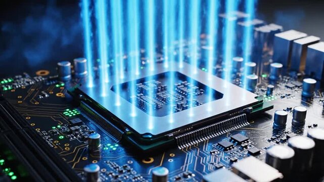 Close-up of a computer processor with glowing blue lights emanating from it.