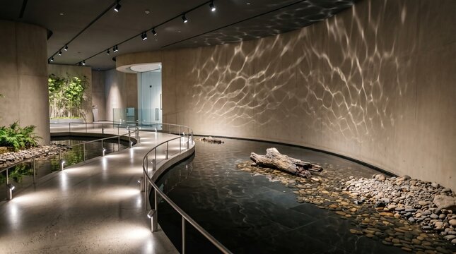 Luxury indoor reflection pool with curved stone walls.
