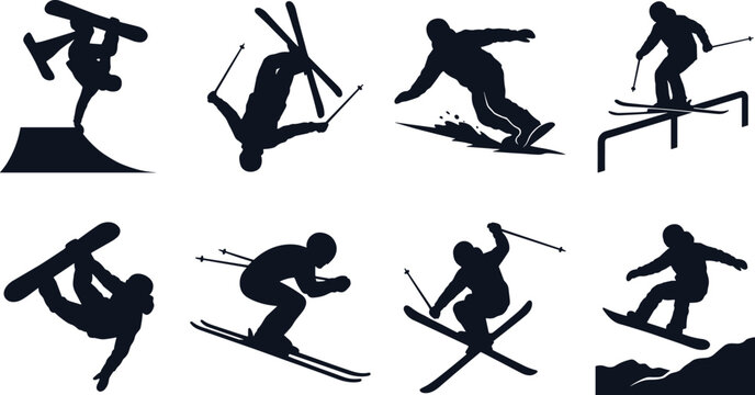 Winter Sports Silhouette Collection Featuring Skiing Snowboarding Freestyle Tricks and Alpine Action Poses on White Background