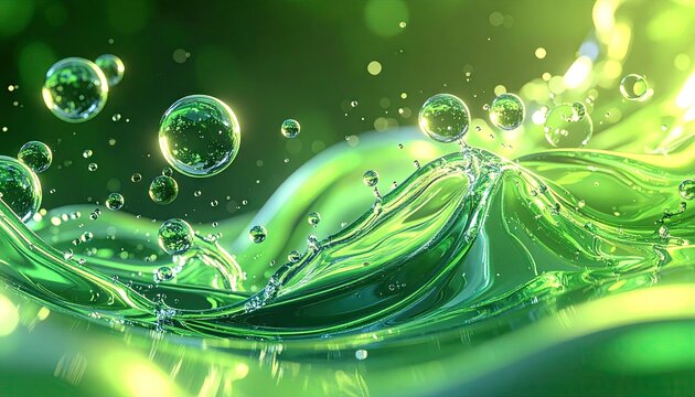 Abstract green liquid waves with fresh bubbles and light.