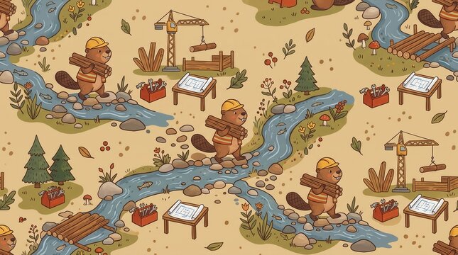 Happy beavers in hard hats carry logs and build dams along a river with trees and rocks