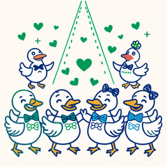 Naklejka premium Adorable Cartoon Ducks in Bowties Dancing with Hearts and Spotlights - AI-generated illustration