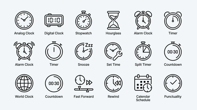 Time and clock icon collection featuring analog digital stopwatch hourglass alarm timer snooze set time split timer countdown world clock fast forward rewind calendar punctuality.