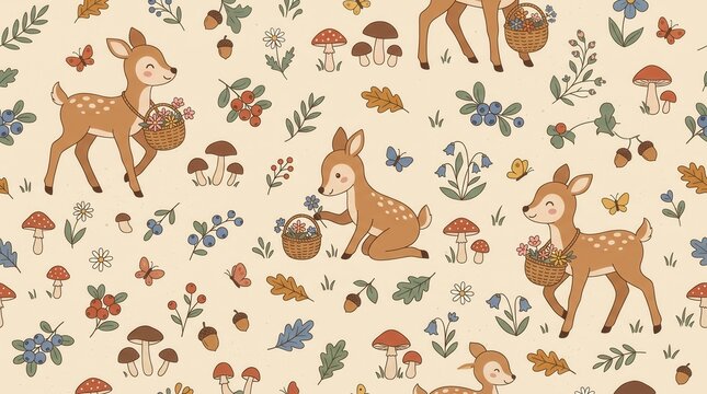 Whimsical forest fawns gather flowers, berries, mushrooms, butterflies