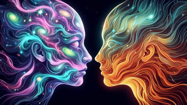 Two human profiles facing each other, one made of cosmic nebula and stars, the other of flowing golden flames 4k video