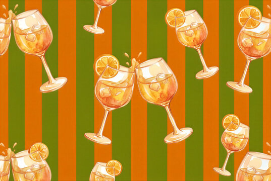 Lively featuring chilled spritzers and summer coolers with citrus slices. These bubbly drinks, often called aperitivos or orange, float against vibrant orange and green stripes.