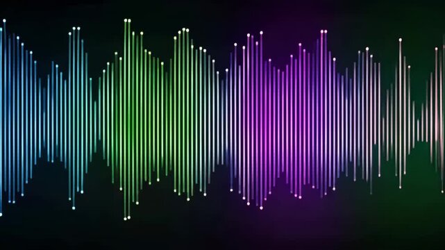 Abstract digital sound wave equalizer background with colorful glowing vertical lines representing audio frequency 4k video