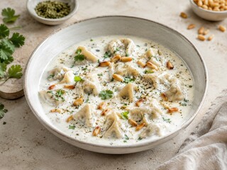 Traditioneller syrischer Shish Barak mit gefüllten Teigtaschen in cremiger Joghurtsauce, verfeinert mit Kräutern, Gewürzen und gerösteten Pinienkernen. © superstock