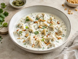 Traditioneller syrischer Shish Barak mit gefüllten Teigtaschen in cremiger Joghurtsauce, verfeinert mit Kräutern, Gewürzen und gerösteten Pinienkernen. © superstock
