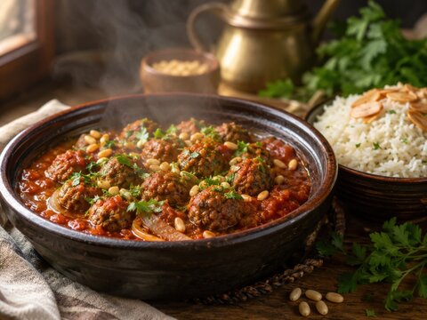 Syrischer Dawood Basha mit saftigen Fleischb&auml;llchen in w&uuml;rziger Tomatenso&szlig;e, Zwiebeln, Pinienkernen und frischer Petersilie, hei&szlig; serviert mit lockerem Reis.
