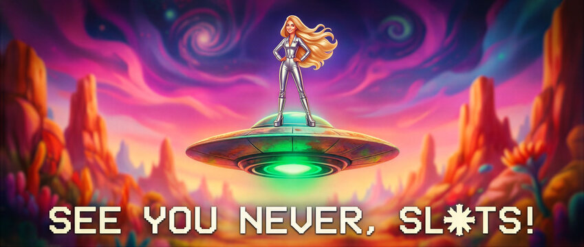 Celestial space goddess posing on her silver disc, this cosmic traveler and star maiden surveys a swirling. Her flying saucer hovers above a vibrant, surreal alien landscape.