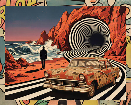 Retro ride travels along a toward a hypnotic vortex, where the road morphs into a striped wormhole. This psychedelic landscape features a classic junker parked near crashing waves.