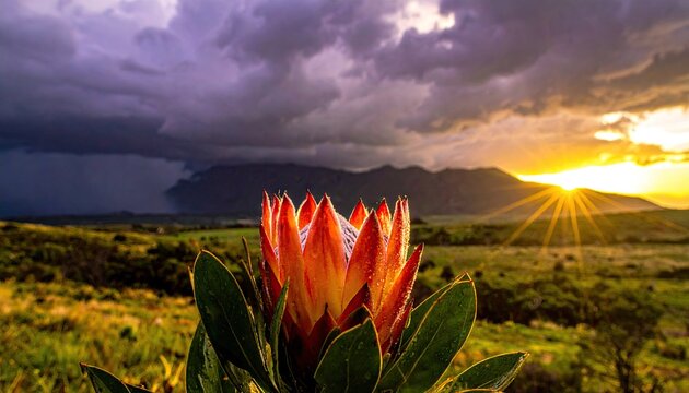 Protea flower at sunset under dramatic storm clouds.