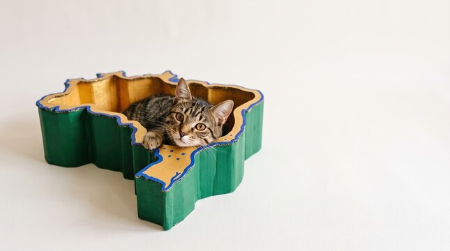 tabby cat resting inside green and gold brazil map shaped cardboard box on white background with curious expression