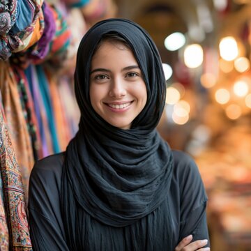 Smiling beautiful middle eastern young woman wearing a hijab looking at the camera