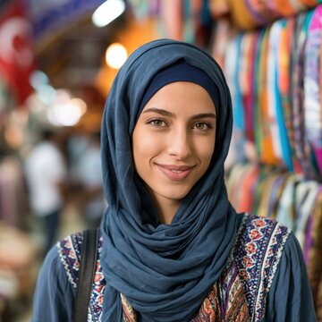 Smiling beautiful middle eastern young woman wearing a hijab looking at the camera