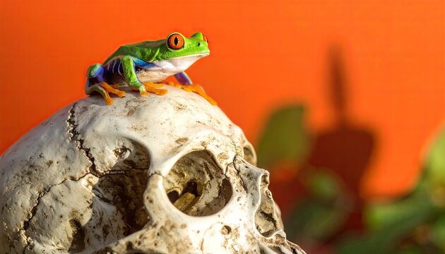 Red-eyed tree frog perched on a human skull.