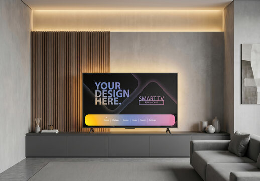 Smart Tv Mockup on console in living room with wooden wall