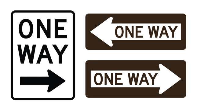 Three rectangular one way traffic signs featuring bold black arrows on white and brown backgrounds