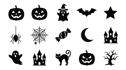 Fototapeta premium Collection of black halloween silhouette icons featuring spooky pumpkins ghosts bats and haunted castle elements