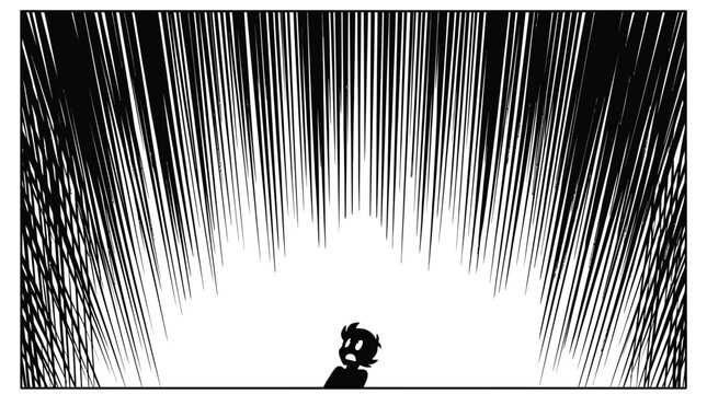 A small silhouette character looks upward with a shocked expression in this black and white drawing