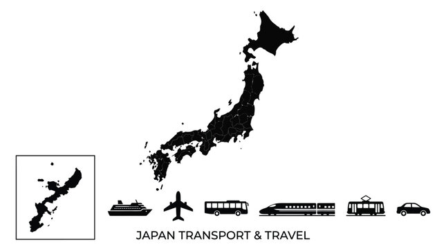 Detailed black silhouette map of Japan with various transportation icons including planes trains and ships