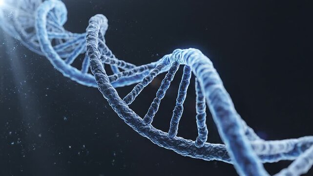 Ultra-realistic scientific visualization of a rotating DNA double helix in a clean dark laboratory environment. Cinematic macro animation with realistic molecular structure, soft volumetric lighting