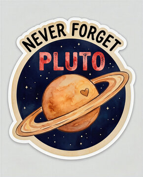 This celestial sticker features the dwarf planet, often called the icy underdog or little Kuiper belt dweller, surrounded by stars. The ringed celestial body includes a small heart mark.