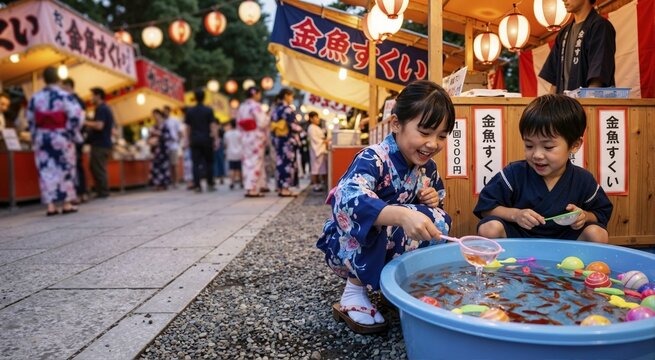 Japanese children playing traditional goldfish scooping game. Young boy and girl in yukata at summer festival. Obon festival theme