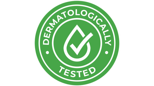Circular green dermatologically tested sticker icon featuring a white drop symbol with a check mark