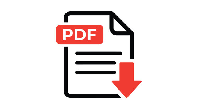 A simple red and black pdf icon featuring a downward arrow for digital document downloading tasks
