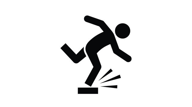 Black stick figure icon showing a person tripping over a small obstacle on white background