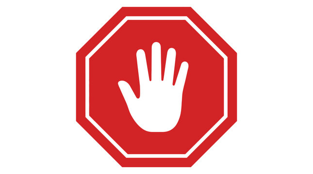 A bold red octagonal stop sign featuring a white hand icon for clear traffic communication